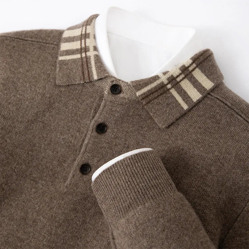 Men's cashmere loose fit pullover in coffee colour with jacquard knit and lapel collar