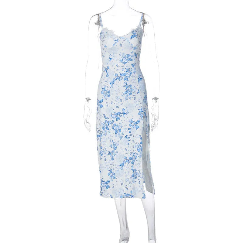Blue lace flowers print long dress with side slit and suspender straps on a model