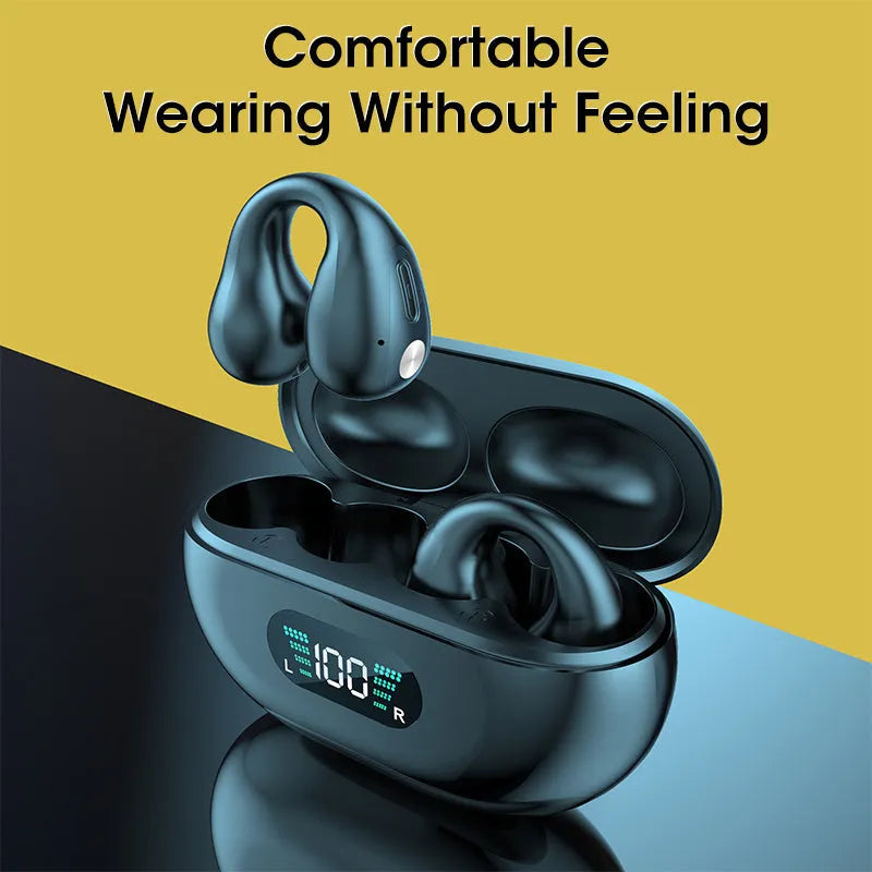 Clip-on bone conduction Bluetooth headset in black, white, or khaki colour with charging cable.