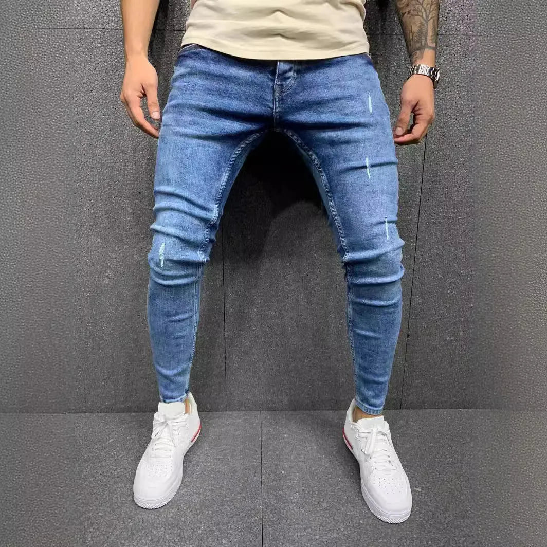 Men's blue ripped stretch denim jeans mid-waist trousers size options S to XXXL
