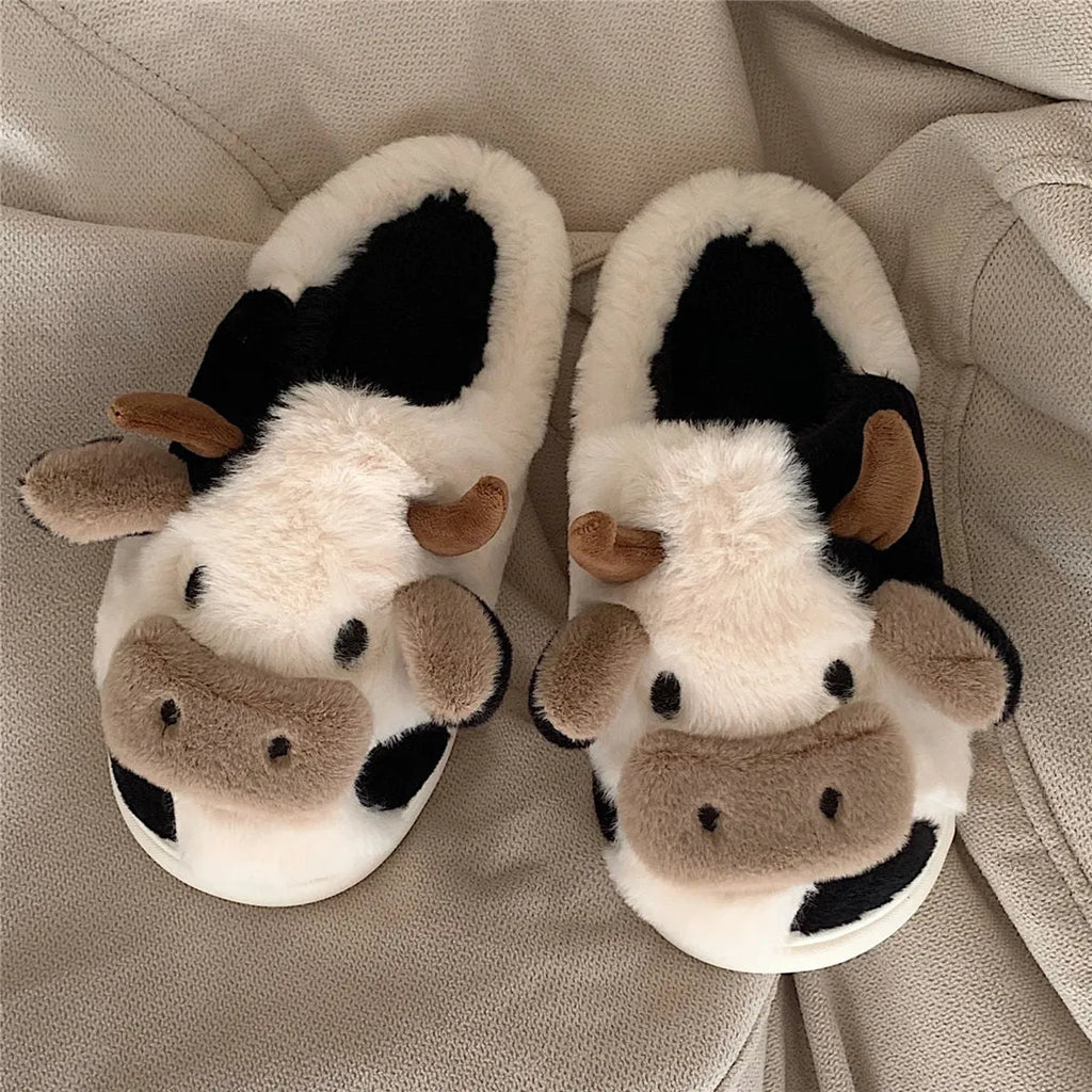 White cow animal slippers with faux fur and anti-slip textured soles