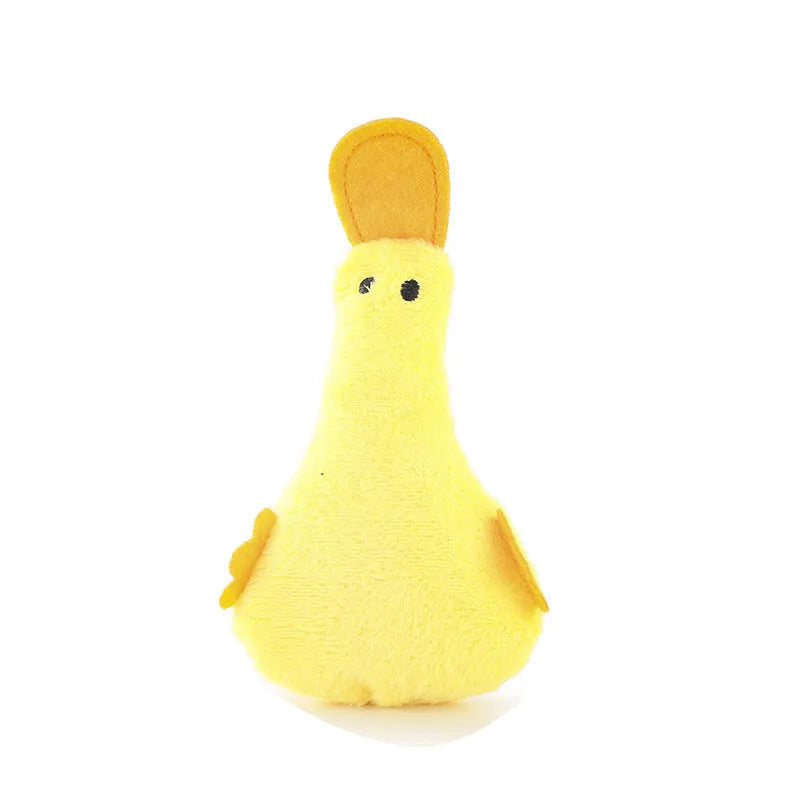 Colourful duck-shaped plush pet toy with catnip filling and squeaker sound for cats and dogs