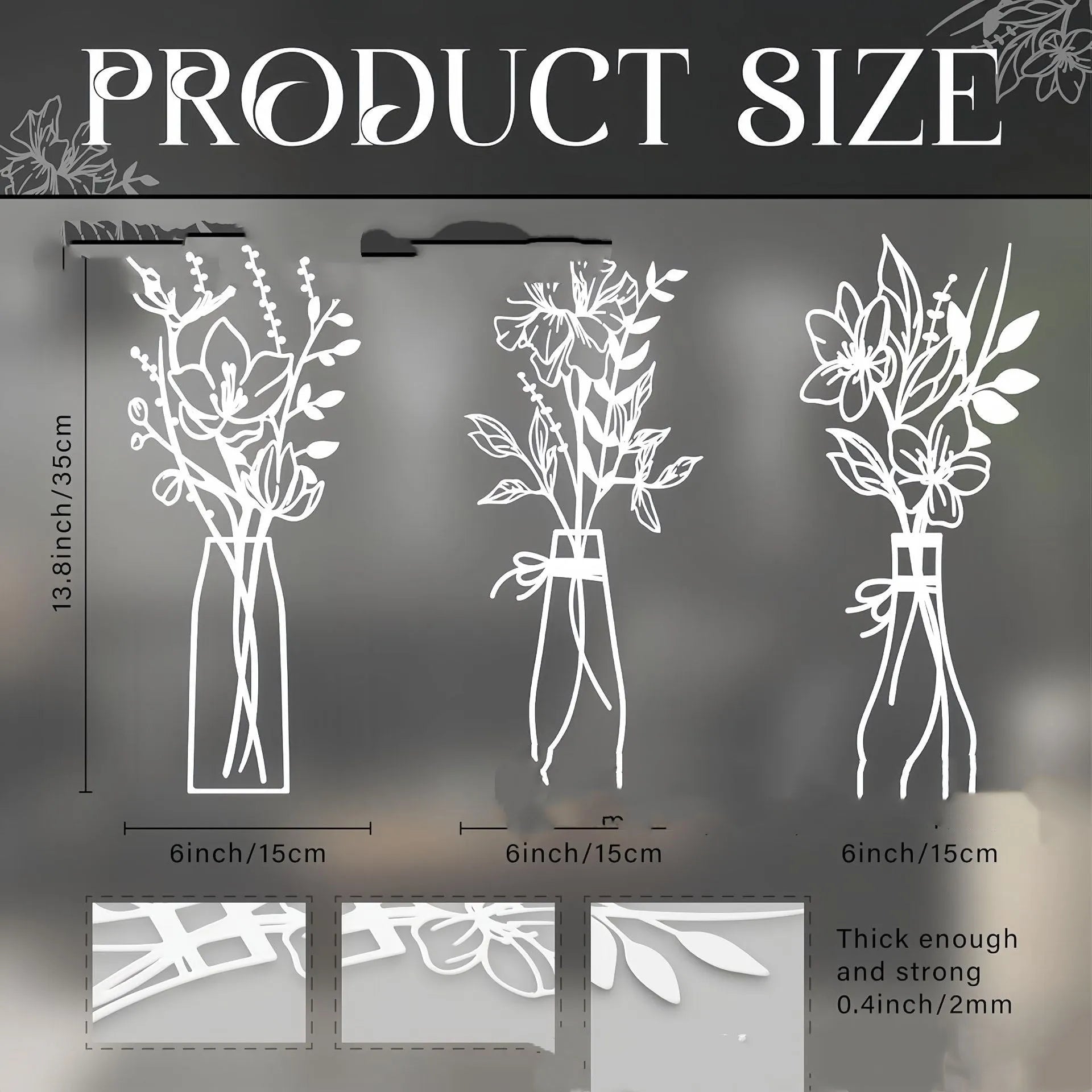 Set of three modern metal flower and vase wall art decorations in a choice of four colours.