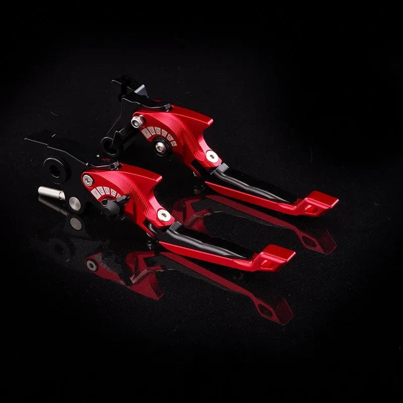 Motorcycle horn handle brake lever retrofitting kit showing adjustable mechanism and colour options