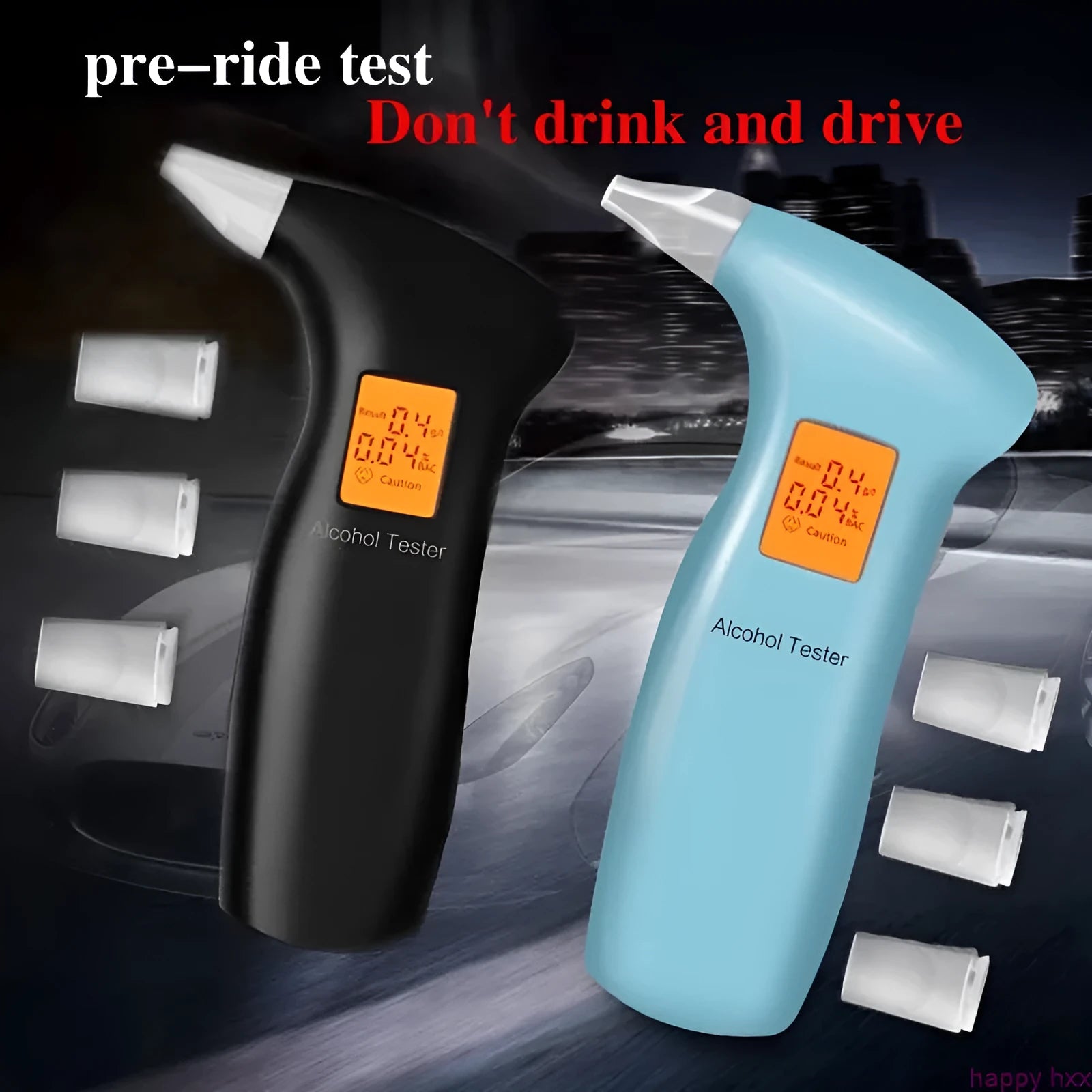 Portable orange light breath alcohol tester with replaceable mouthpieces in orange light black colour