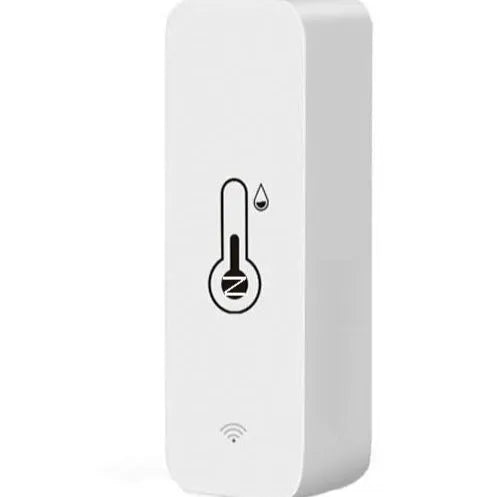 White WiFi and Zigbee temperature humidity sensor with ABS plastic housing showing measurement display