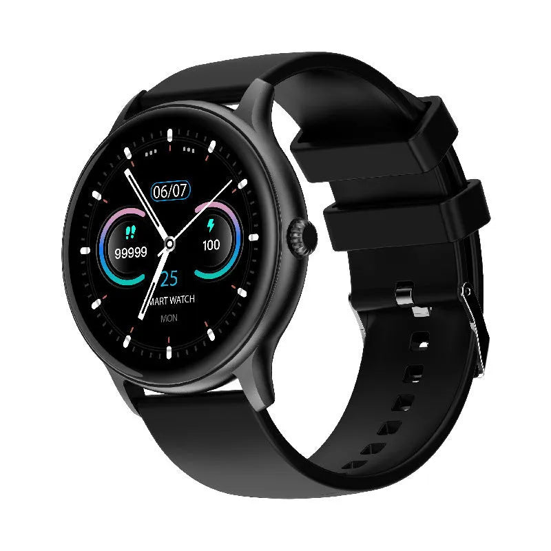 Black smart watch with blood pressure monitoring on a wrist, showing a 1.28-inch touch screen display.