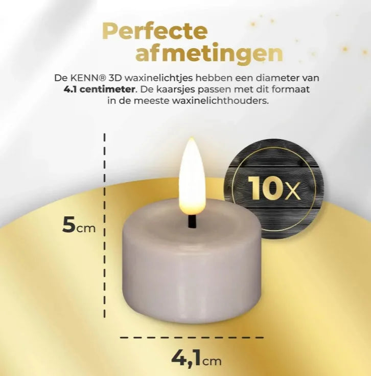 Taupe LED tealight candle with 3D flame effect measuring 4.1cm diameter by 5cm height