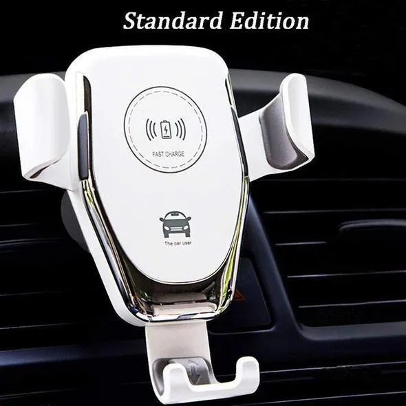 Black car wireless charger mounted on dashboard charging iPhone automatically