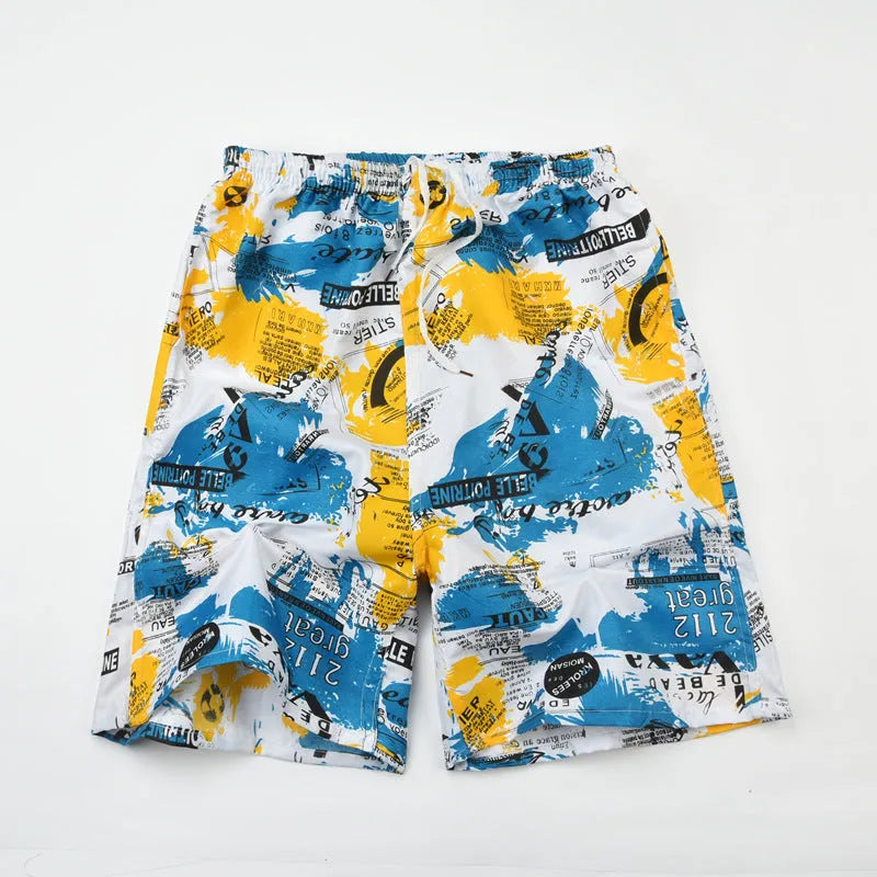 Men's floral print five-point swimming trunks in polyester, showing one of 24 available colour patterns.