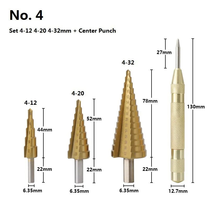 Step drill bit and centre punch set in high speed steel with colour-coded options for metalworking