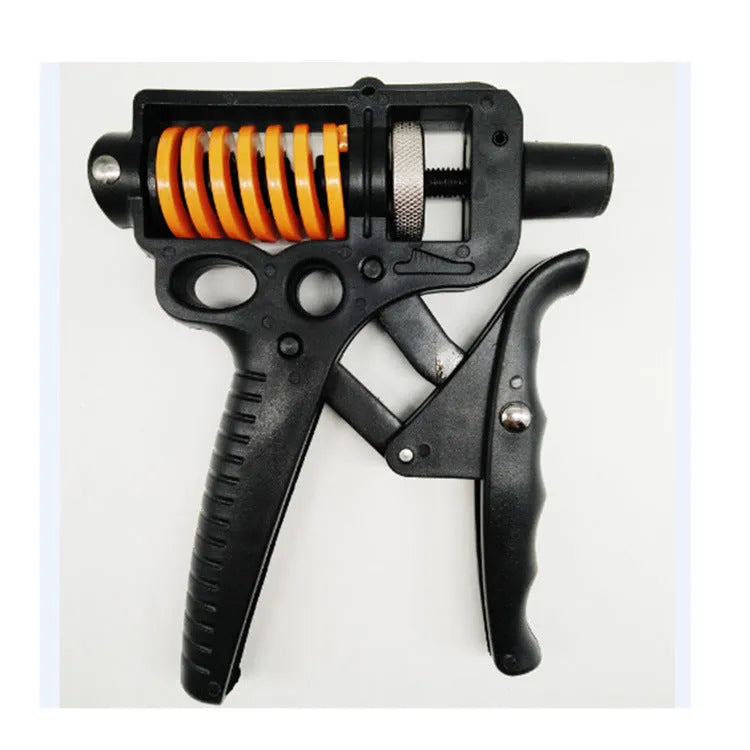 Black adjustable finger trainer grip strength exerciser with ABS and metal construction on a plain background