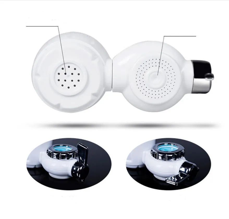 White plastic kitchen tap water filter with ceramic cartridge and universal adapter kit on a counter.