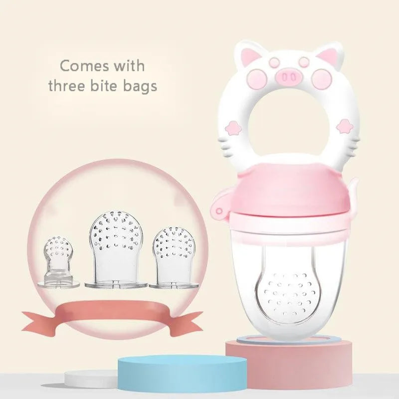 BPA-free silicone baby teether in blue, green, or pink colours showing single and triple mouthpiece design options