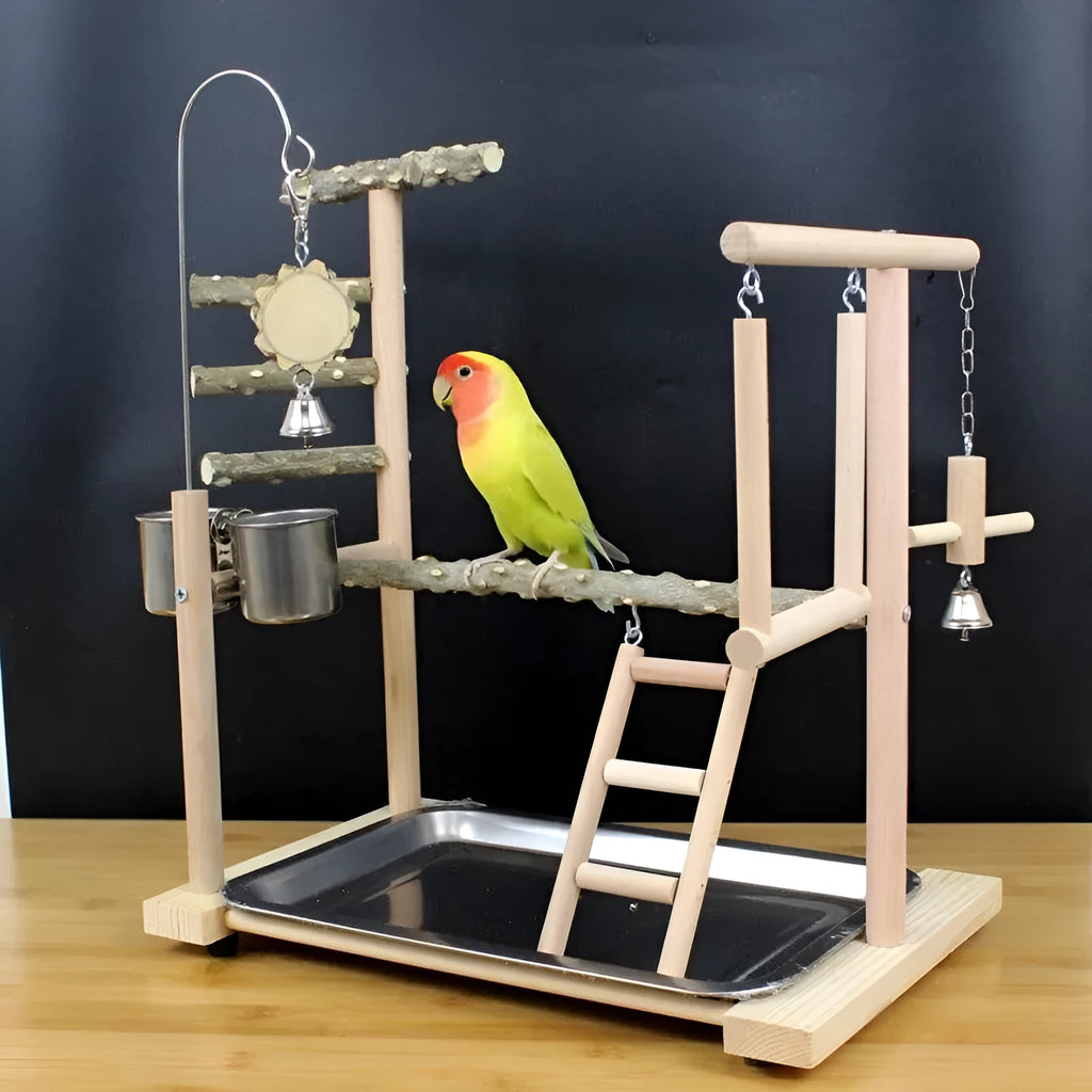 A pepper wood parrot play stand and toy gym for medium to large birds.
