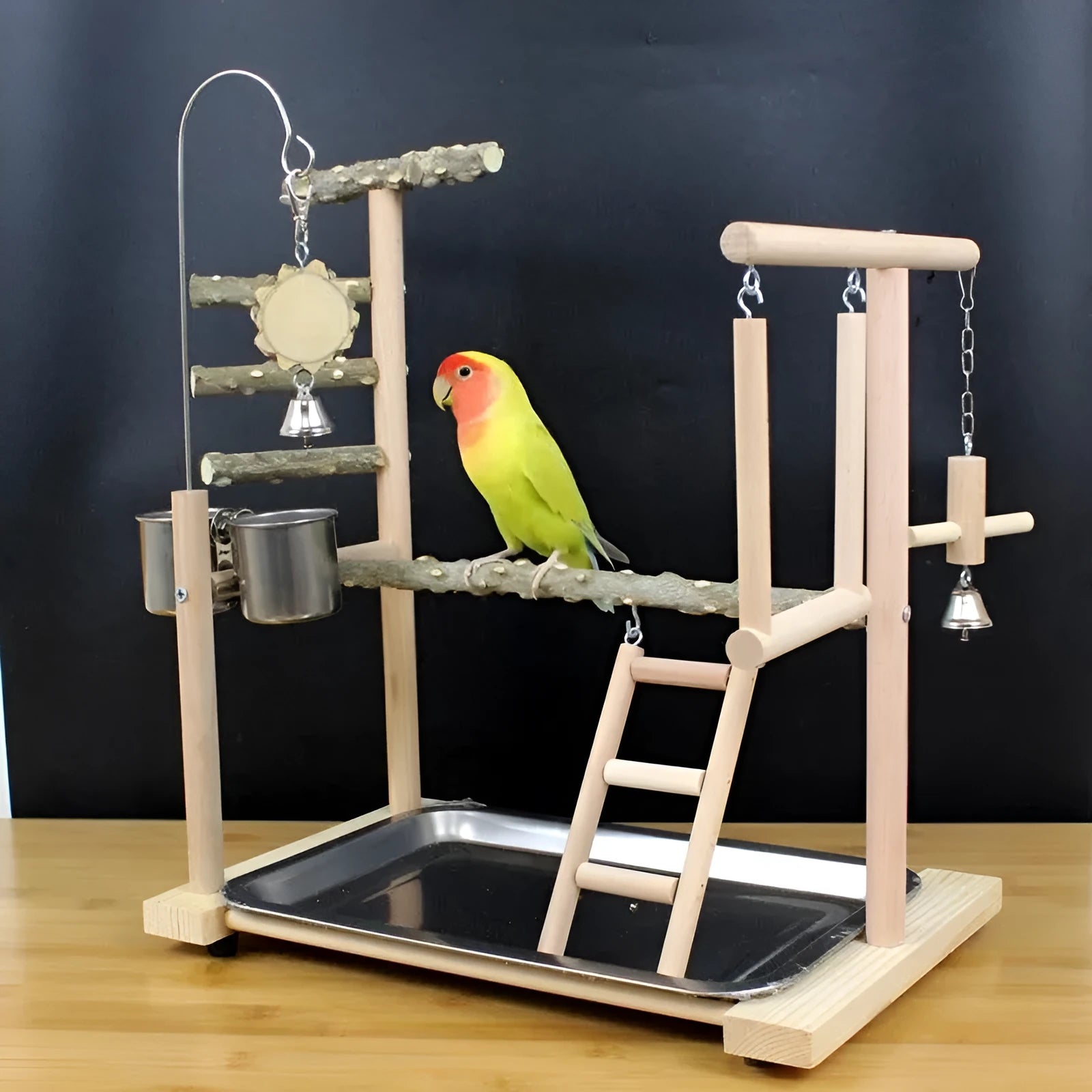 A pepper wood parrot play stand and toy gym for medium to large birds.