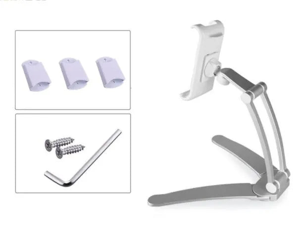 Silver aluminium desktop tablet stand with adjustable angle and folding clamp holding a tablet.