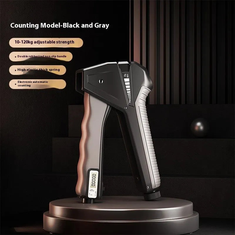 Adjustable hand gripper exercise equipment with mechanical force counter display showing resistance level