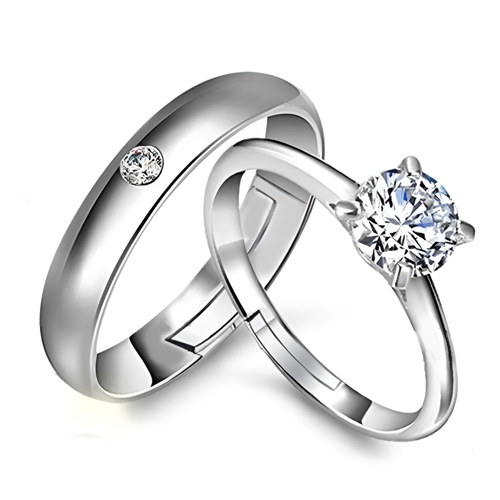 Couple rings set with geometric design, white copper, gold-plated inlay, and adjustable opening