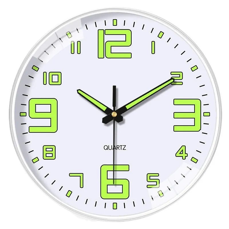Modern 8-inch luminous wall clock with white dial on a plastic shell, mounted on a wall.