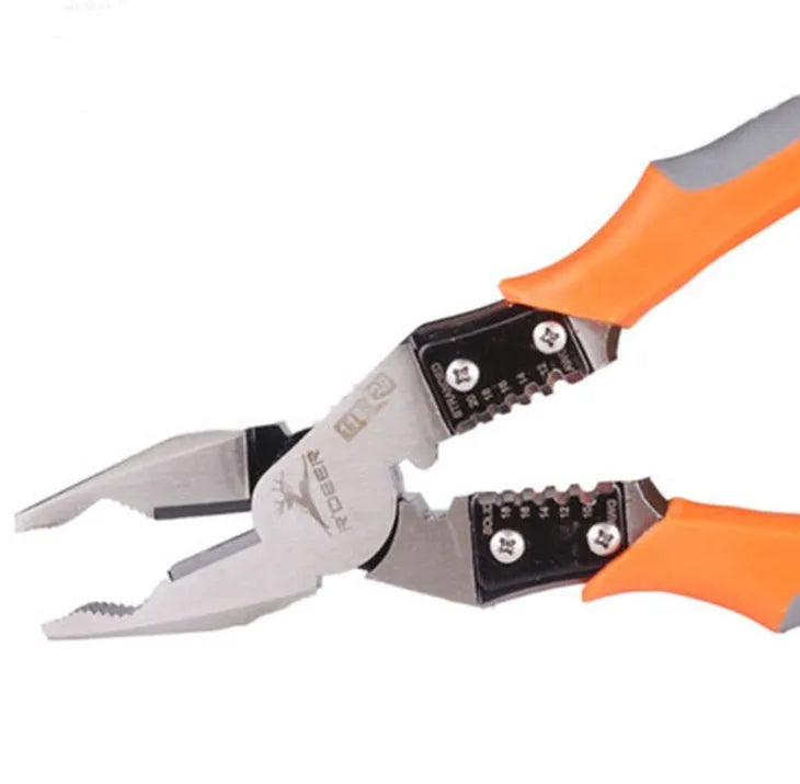 Orange multi-function wire cutter pliers with textured PVC handles and chrome steel jaws.