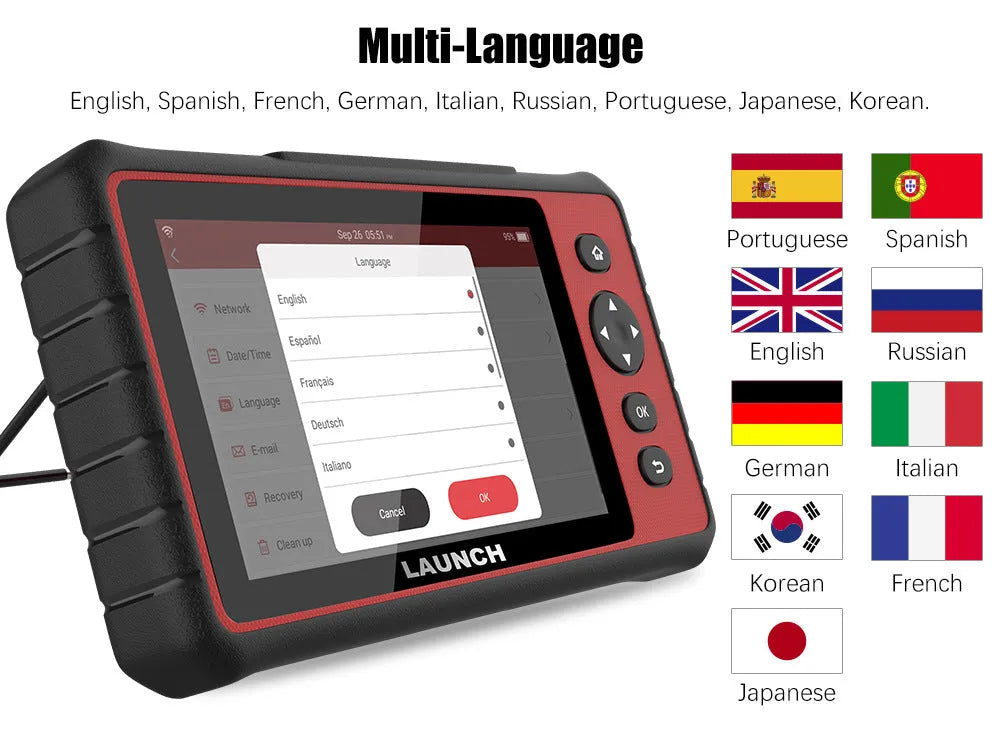 Red car fault decoder with 7 inch IPS touch screen displaying diagnostic data, with Mini USB and power button visible