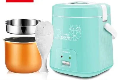 Compact round mini rice cooker with steaming pan and non-stick inner pot for 1-2 people