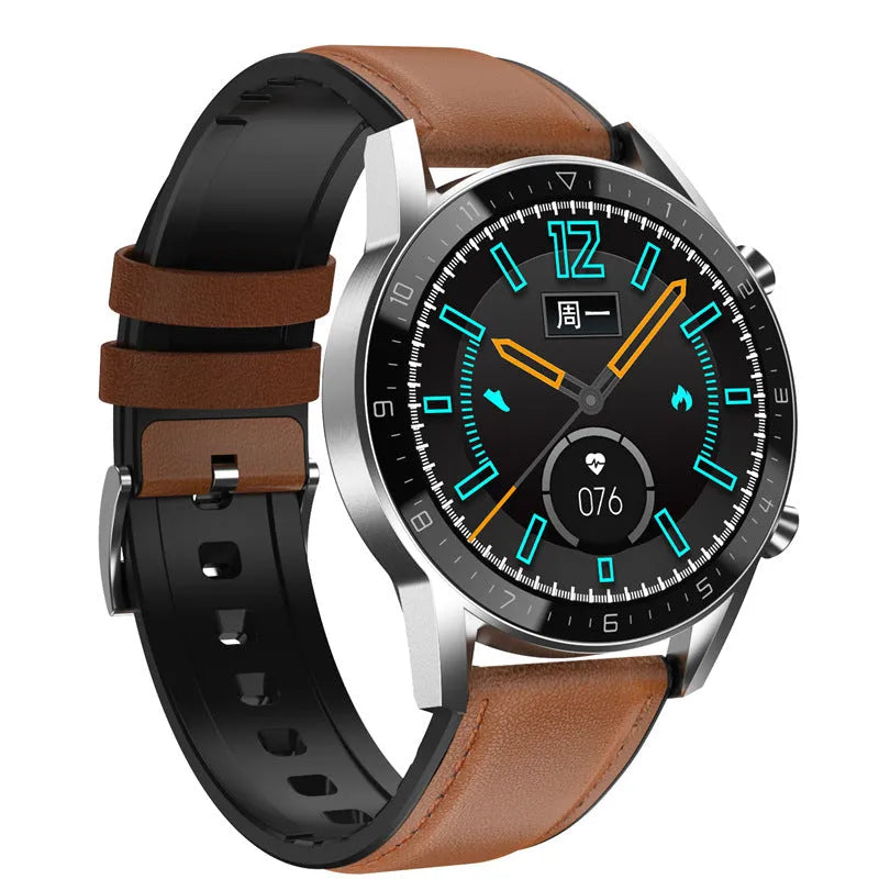 Multifunctional sports watch with black genuine leather strap and 1.3-inch touch screen display