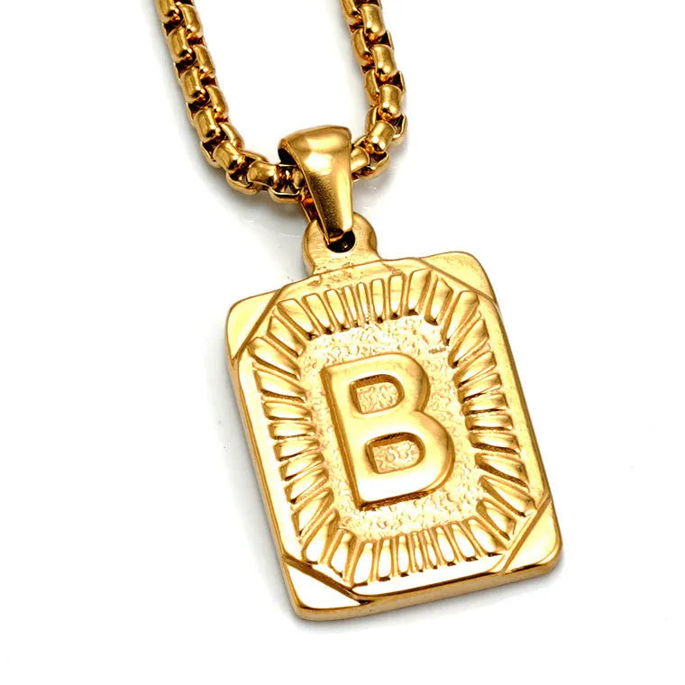Gold-plated 18K titanium steel letter pendant necklace with pearl chain, gold colour, unisex design