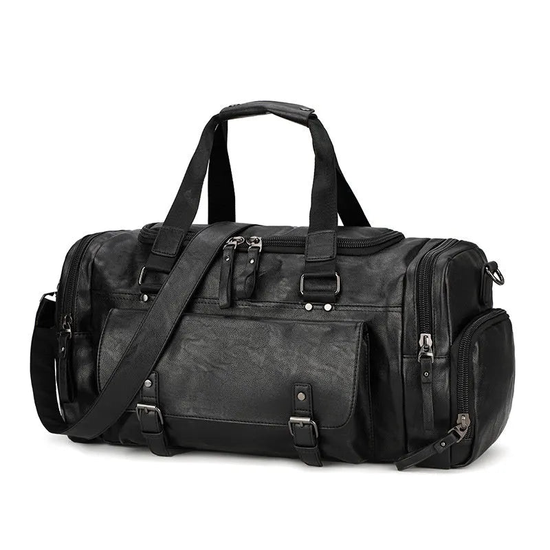 Black large capacity travel bag with separate shoe storage compartment, showing PU fabric exterior.