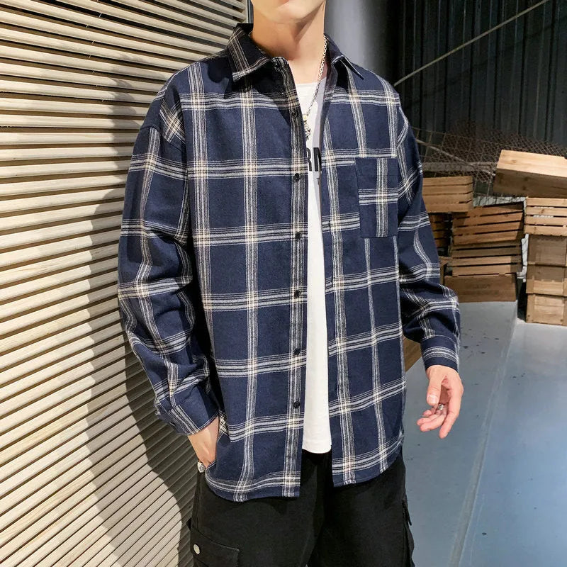 Men's loose-fit plaid long sleeve shirt in black, grey, and navy blue