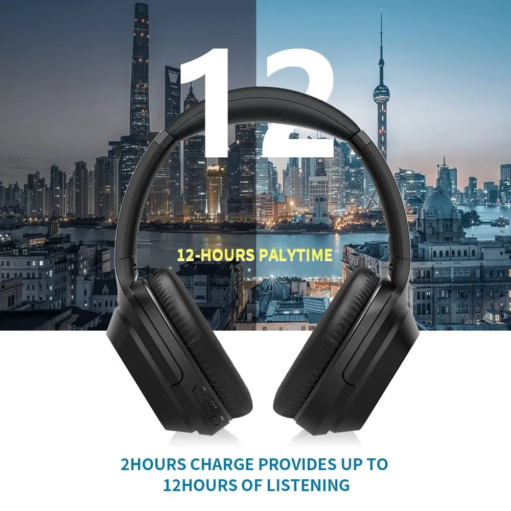 Black over-ear Bluetooth headphones with memory-protein ear cushions and stainless steel headband adjustment