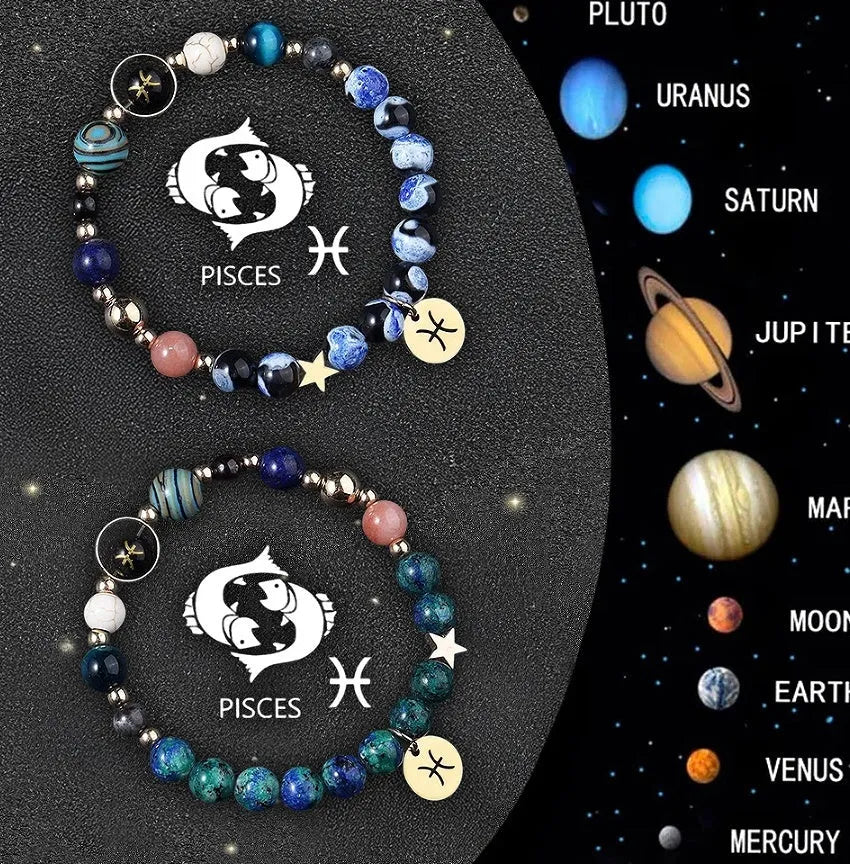 Set of two natural stone beaded bracelets with zodiac sign charms on an adjustable cord.