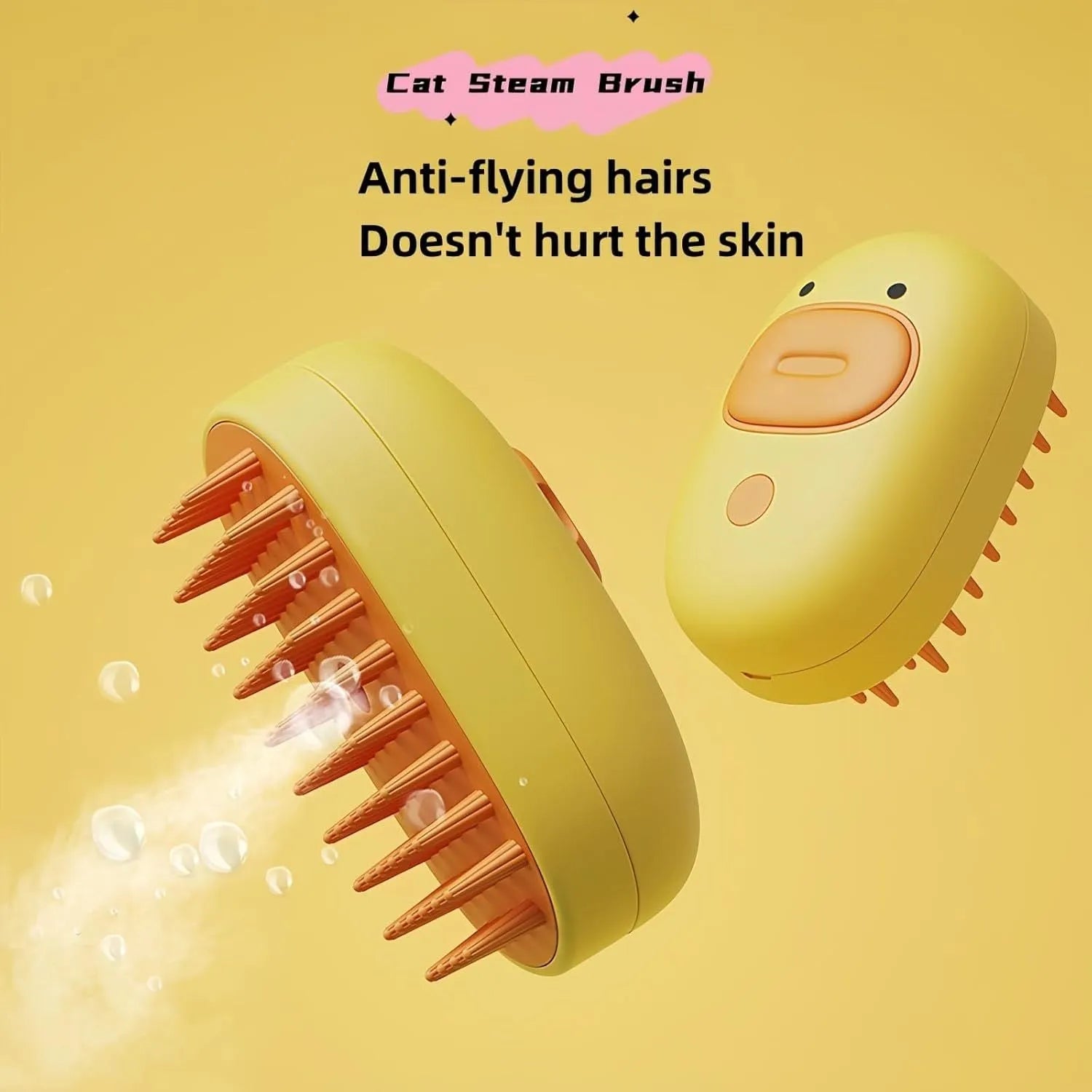 White and yellow rechargeable steam brush for grooming cats and dogs on a plain background