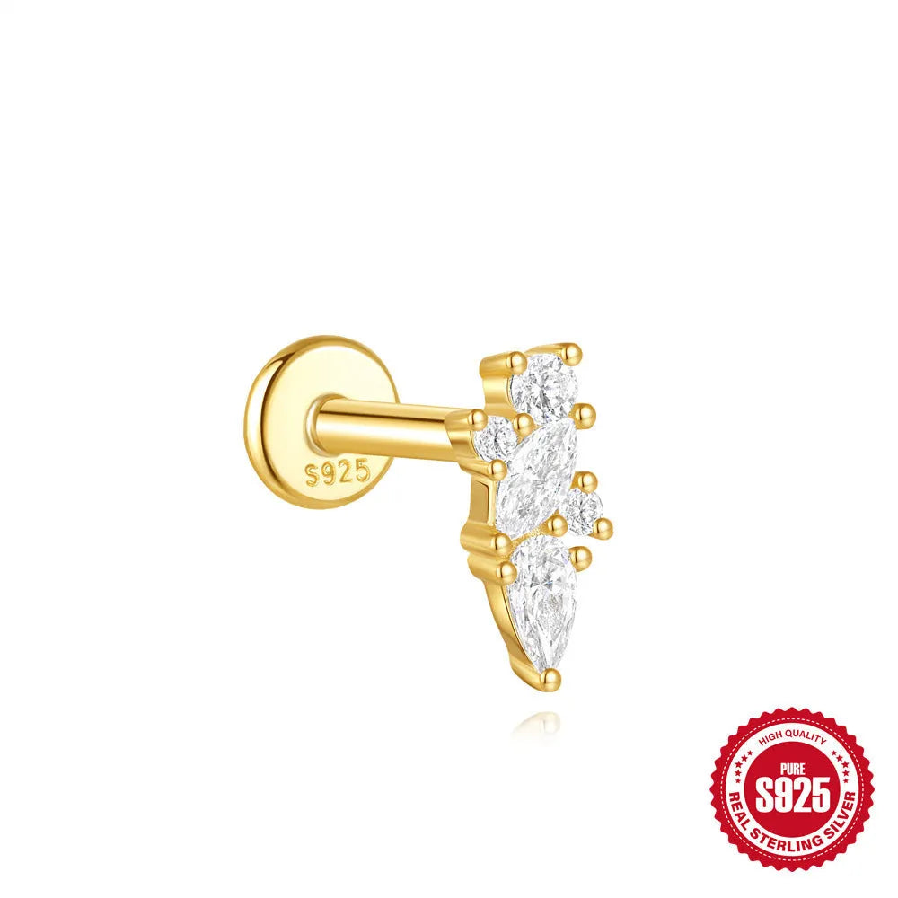 S925 sterling silver geometric kite earring with rhinestones and a chain tassel in a gold colour.
