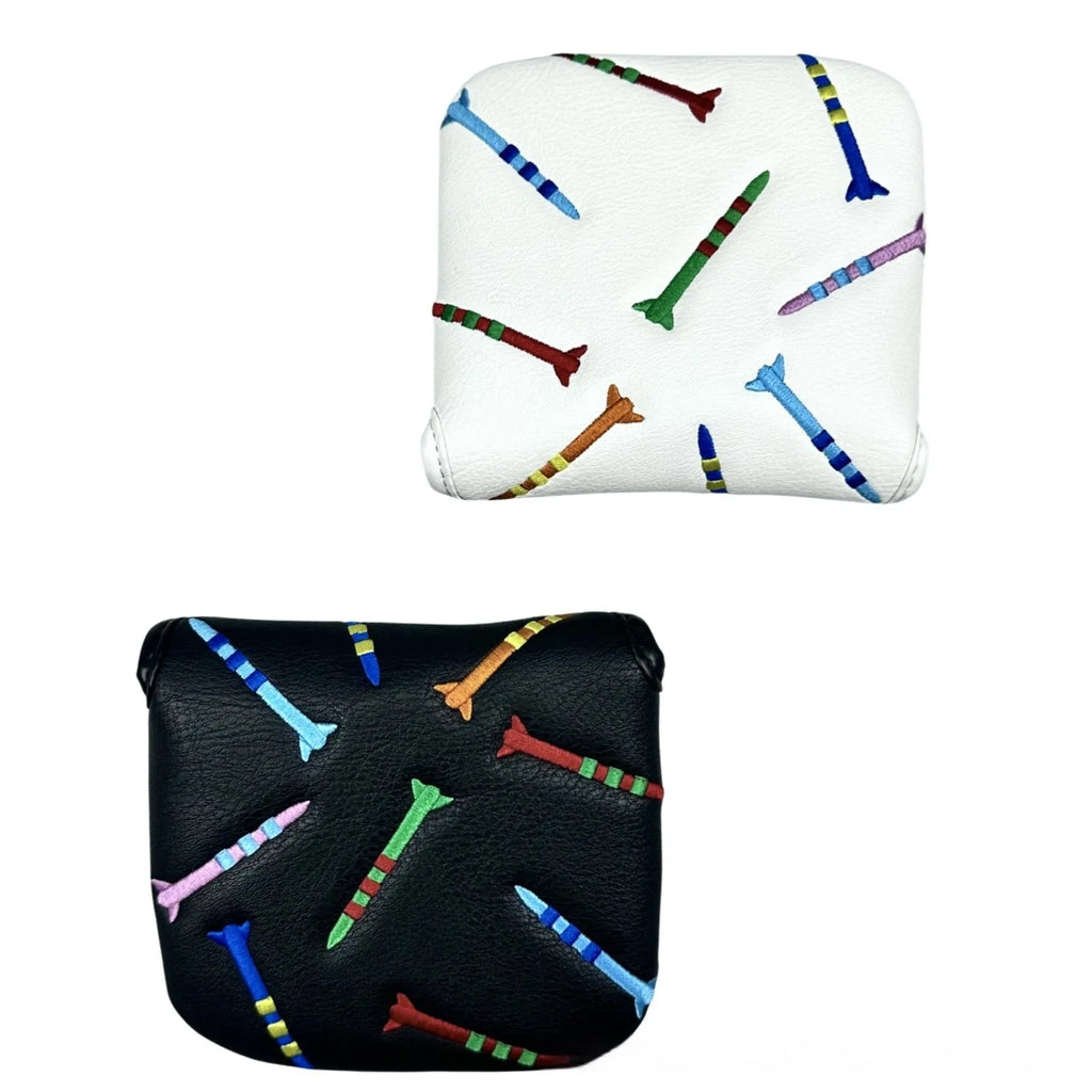 Black and white golf putter protective sleeve with rocket pattern design for square-headed clubs