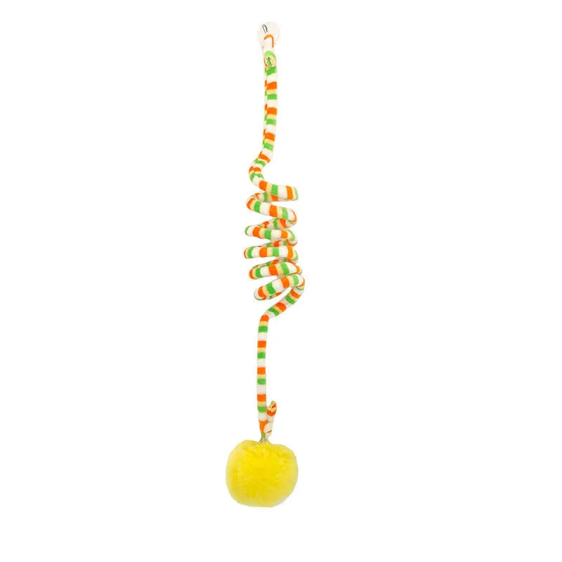 Hanging cat toy with long spring, inflatable ball, bell, and suction cup in various colours