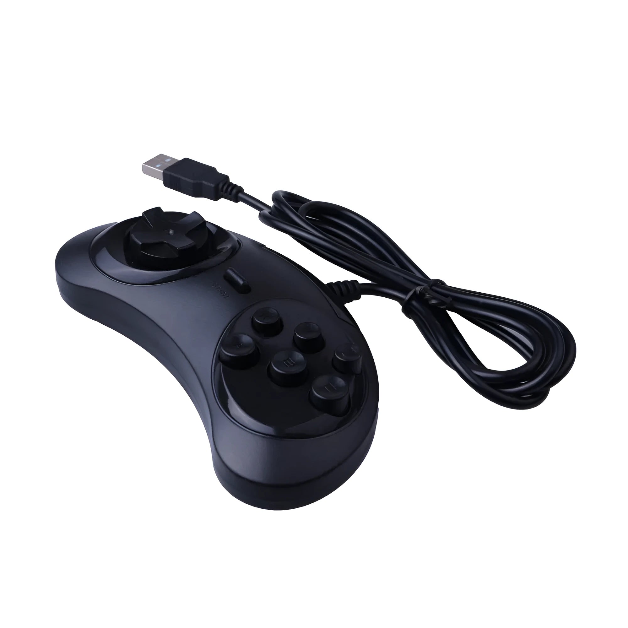 Black Sega-style USB game controller for PC with a 1.8 metre cable.