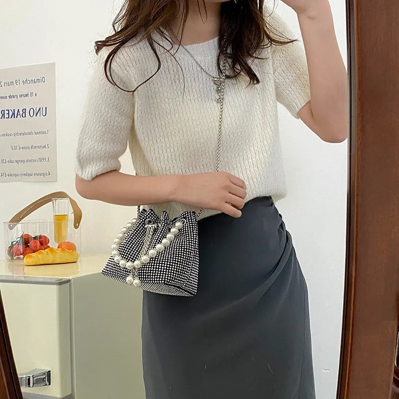 Fashion light diamond crossbody shoulder bag with chain strap in bucket shape