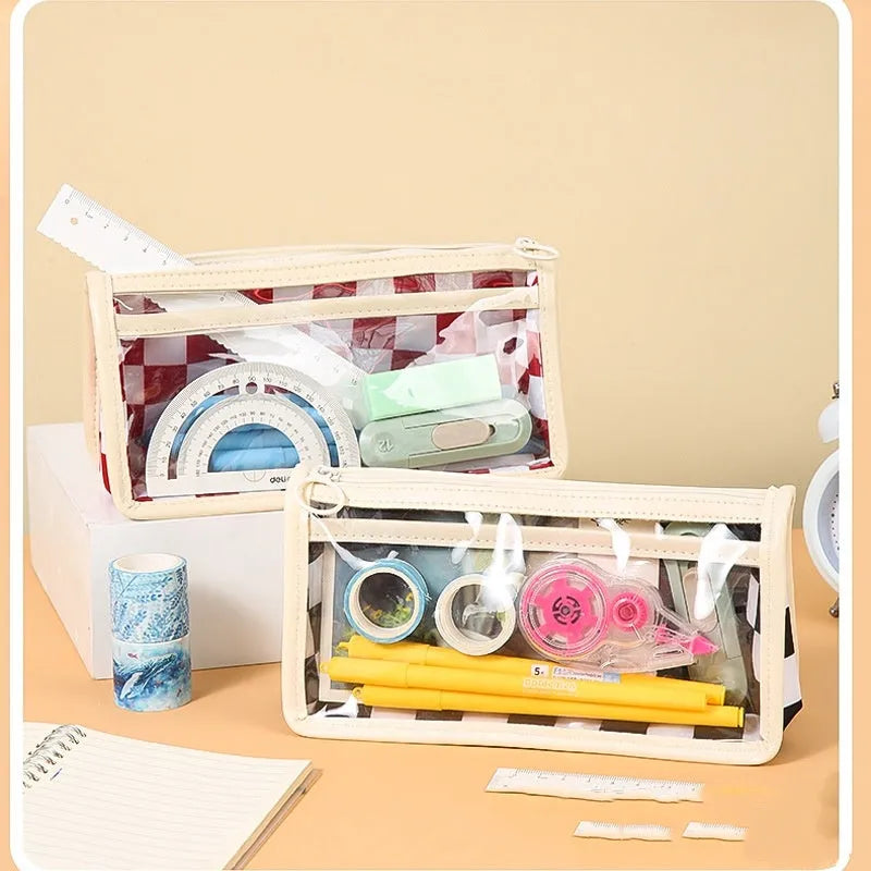Transparent PVC pencil case with chessboard pattern in black and white grid design