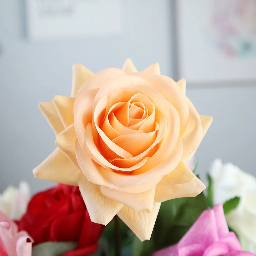 Silk touch rose artificial flower with 42cm stem and 8.5cm diameter flower head in various colours