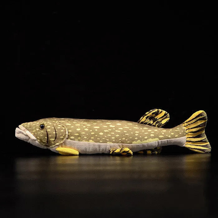 Cute pike doll plush toy 45 cm long, soft crystal velvet with PP cotton filling and Korean rubber particles, on plain background