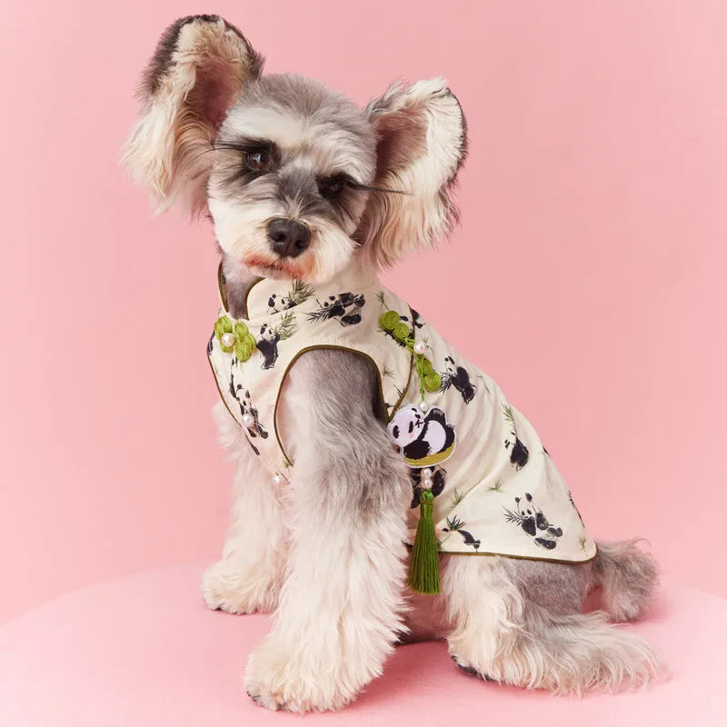 Chinese style sleeveless panda vest for small dog, polyester pet clothing with pendant