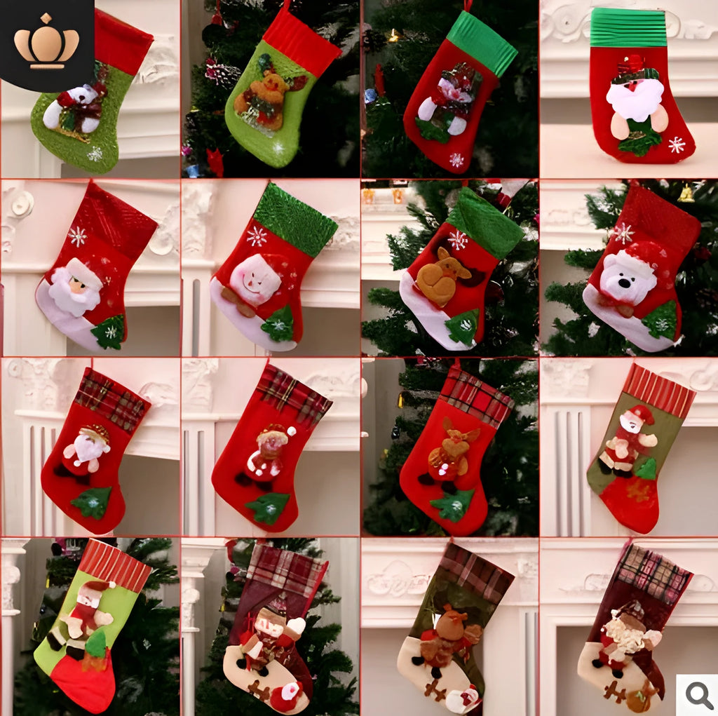 Cloth Christmas socks in sequined style showing bottom width 12cm and height 16cm