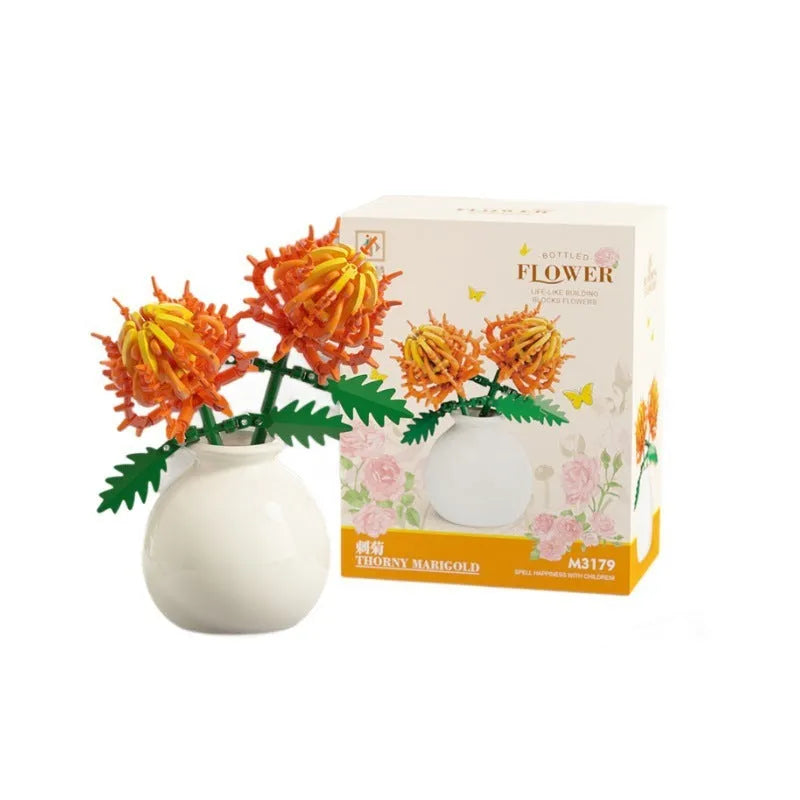 Assembled plastic building block flower in vase on tabletop