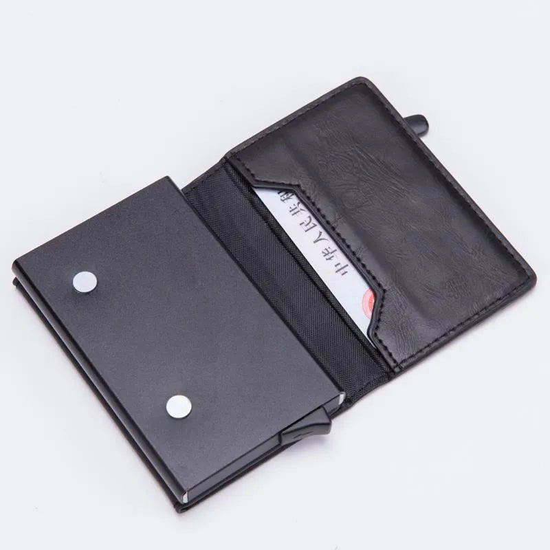 Smart PU wallet in carbon black with RFID blocking, 6.5 by 10 by 1.8 centimetres