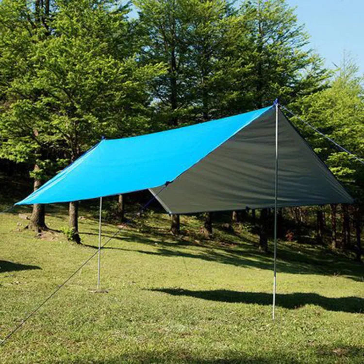 300x300cm awning sun shelter made of waterproof Oxford fabric in army green, set up outdoors with wind ropes