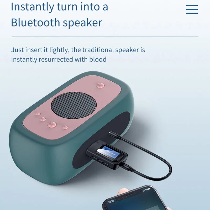 Black two-in-one Bluetooth adapter with screen display and 3.5mm audio input