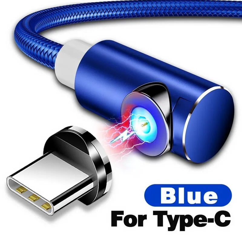 Black L-shaped magnetic charging cable with aluminium connectors for Micro USB, Lightning, and Type-C phones.