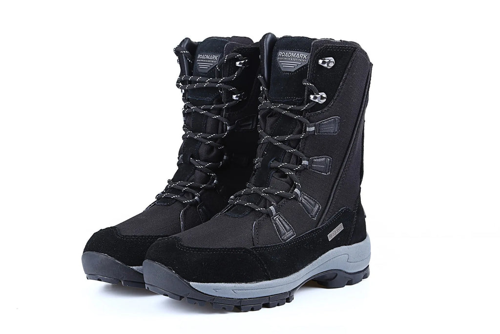 Women's genuine leather thermal snow boots in black colour with mid-calf length and round toe design